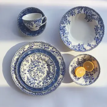 Britanska Klasicni Plavo-bijeli porculan posuđe posuda za odrezak foto cvijet десертная tanjur суповая tanjur, čaša