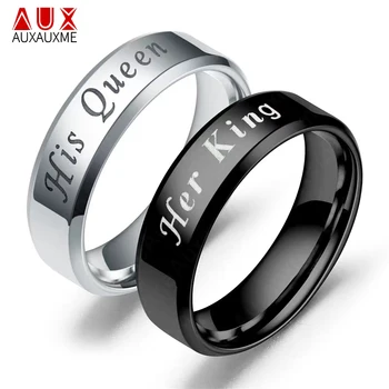 Auxauxme 6 mm Njezin Kralj Ga je Kraljica Prsten Za Ljubitelje Nakit Crna Nehrđajućeg Čelika Par Vjenčano Prstenje Poklon Za Valentinovo