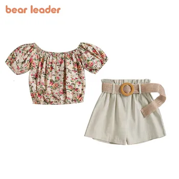 Bear Leader/ Kompleti odjeće za djevojčice do 2022 godine, Ljetne Majice sa zelenim rukavima i cvjetnim Ispis, t-Shirt + Običan kratke hlače s pojasom, 2 komada, od 2 do 6 godina