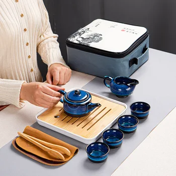 Japanski Stil Tea set Setovi za Čaj Posuđa Plave Keramičke Čajne Šalice Poslovni Poklon Prijenosni Prometni Kineski Čaj Kung-fu
