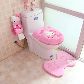 Kawai Hello Kitty Wc Sjedalo Poklopac Pink Jastuk Umetnite Wc Sjedalo Obložen Baršunom Wc Torbica Za Sjedalo Četiri-Komad Skup Tepih Za Wc