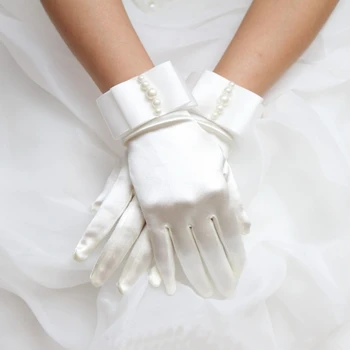 Kratke Prste Pune Umjetnih Bisera Vezeni Perle Ženske Vjenčanje Rukavice Za Mladence S Lukom Od Satena