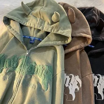 Majica s kapuljačom na munje, slatka kardigan s vezom u obliku rogova i slova, ulica sportski džemper, muška i ženska jakna оверсайз u retro stilu Y2K, jesen