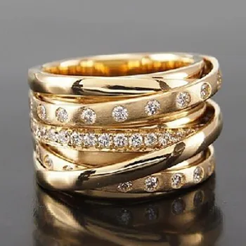 Popularna Zlatna Boja Višeslojne Navijanje Optočena Kristal Gorski Kristal Cirkon Donje Metalni Prsten za Žene Večernje Nakit Pribor