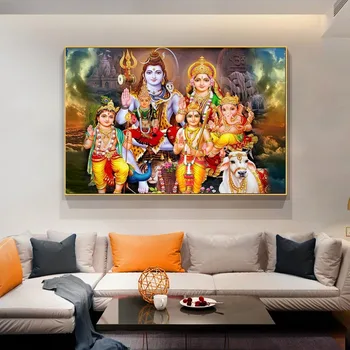 Shiva Parvati Ganesh Umjetnost Hinduistički Bog Slika Platnu Vjerski Plakat i Print Zidno Slikarstvo za uređenje Dnevnog boravka