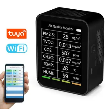Tuya WiFi 6 u 1 Detektor kvalitete zraka CO2 Metar Višenamjenski Intelektualni PM2.5 TVOC CO2 CH2O Senzor za temperaturu i Vlagu