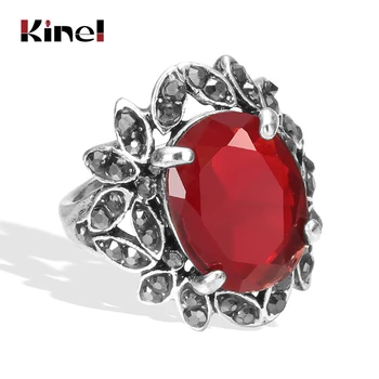 Кинель Moda Tibetanski Silver Crveni Kamen Prsten Za Žene Kristalno Cvijeće Etnička Vjenčanje Vjenčanje Dekoracije Klasicni Prsten